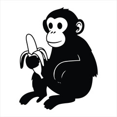 A black and white illustration of a cute, cartoon monkey sitting and holding a partially peeled banana in its left hand.