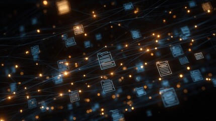 Abstract network grid with files and folders, futuristic software interface, digital document management system, store, search and organize documents, corporate business, paperless office	
