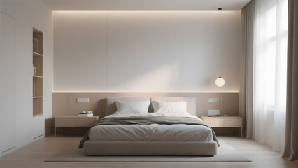 Modern Minimalist Bedroom with Soft Lighting and Neutral Tones