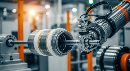 Fototapeta premium Industrial robotic system rotating and winding continuous composite fibers around a cryogenic hydrogen storage liner mandrel for optimized strength and weight.