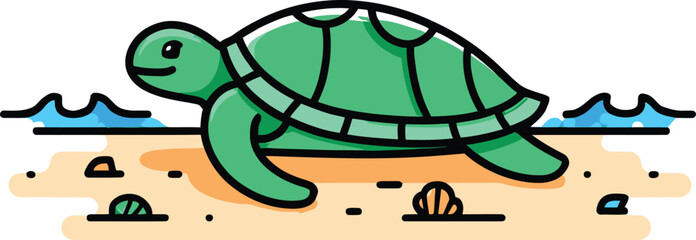 Happy Sea Turtle on Sandy Beach: Cute Cartoon Illustration, Summer Vacation Theme