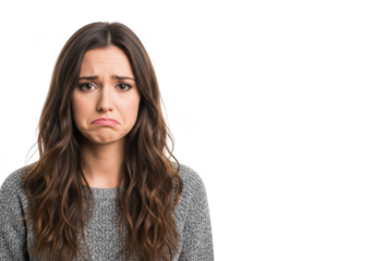 Sad young woman with downturned mouth isolated on transparent background