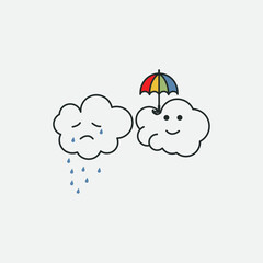 Cute cloud with an umbrella. hand-drawn vector illustration. Crying is okay, I've got you covered, loss and grief, but in a playful, gentle, and supportive way. 