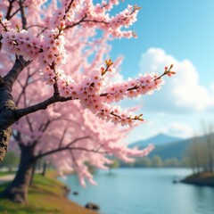 Beautiful Pink Cherry Blossoms by a Serene Lake Under a Blue Sky