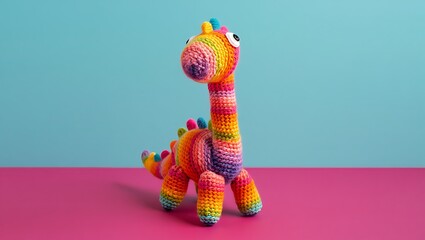 Colorful crocheted dinosaur toy with rainbow stripes on a pink and blue background stuffed animal