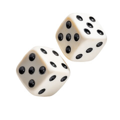 Two white dice with black dots showing different numbers on transparent background