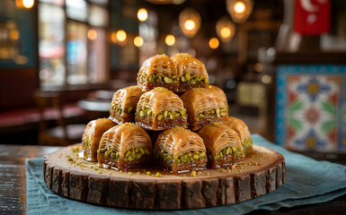 A detailed photograph showcasing a stack of golden-brown Baklava pastries arranged artfully on a rustic wooden platter. Each pastry is layered with crushed pistachios and drizzled with a glossy honey 