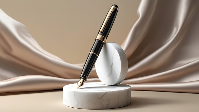 Luxury Black and Gold Fountain Pen on Marble Display with Silk Drape; Elegant, Sophisticated Product Shot.