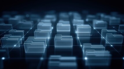 Abstract network grid with files and folders, futuristic software interface, digital document management system, store, search and organize documents, corporate business, paperless office	
