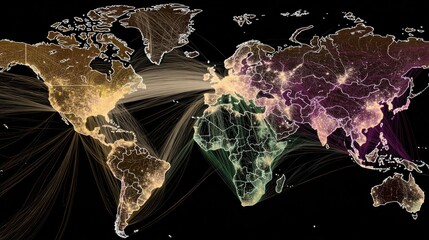 Global network map with colored regions and connecting lines