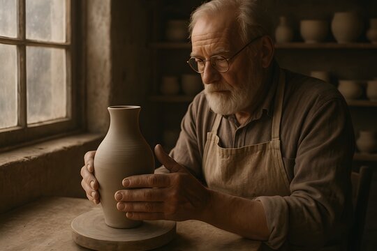 Elderly man shaping clay vase on potter’s wheel, symbol of craftsmanship, creativity, and traditional pottery art