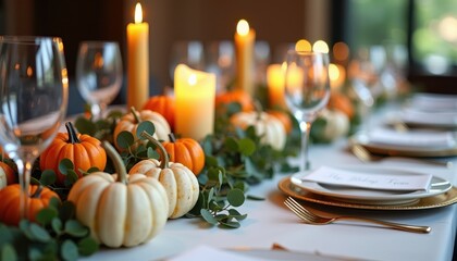 Fototapeta premium Elegant tablescape centerpiece with mini pumpkins, eucalyptus, beeswax candles; shallow DOF, space for copy in foreground; blank place cards (no text).