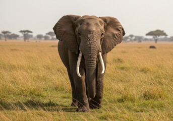 A large African elephant roaming freely in the Serengeti savannah, golden dry grassland with scattered acacia trees, distant hills, clear blue sky with soft clouds, realistic wildlife photography, hig