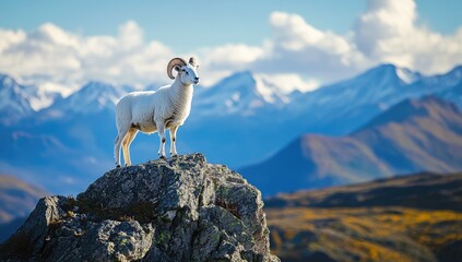 Photo of a Dall sheep standing on top of a mountain in Alaska, with mountains and sky behind it. e