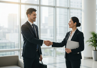 Fototapeta premium Two business professionals, a man and a woman, shaking hands in a bright, modern office space with large windows overlooking a city.