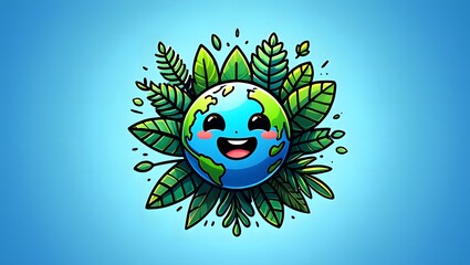 Happy Cartoon Earth Character Smiling Surrounded by Lush Greenery &ndash; Eco-Friendly Illustration