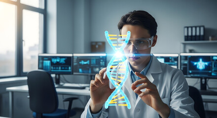 Male geneticist in a modern laboratory analyzing a futuristic, glowing DNA helix hologram, representing advancements in biotechnology and medical science.