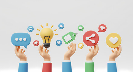 3d social media with hand holding mobile phone, smartphone icons isolated. online social, communication applications, minimal template concept, 3d render illustration