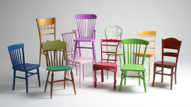 A playful arrangement of mismatched chairs in vibrant colors, representing whimsical seating dilemmas.