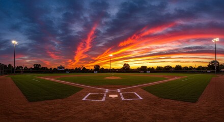 Baseball field under a vibrant sunset sky. The field is illuminated by stadium lights as darkness approaches.