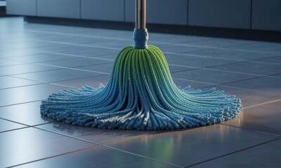 Closeup of a blue and green string mop head on clean square tiles