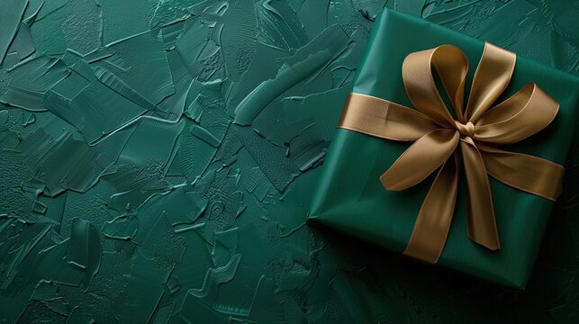 Photorealistic top-down shot on a deep emerald textured embossed background, perfectly wrapped Christmas gift placed on the right side, wrapped in emerald green paper and tied with a golden silk ribbo