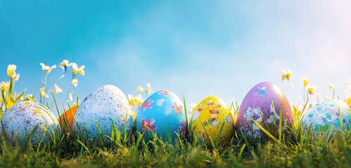 art Colorful Easter eggs on the grass on blue sky background