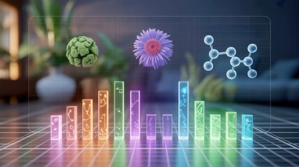 A colorful digital representation of data showcasing biological elements, including a cell, a flower, and a molecular structure, against a grid background.