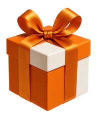 Festive orange and white gift box with ribbon.