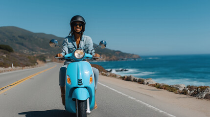 Young hispanic woman riding blue scooter on coastal highway