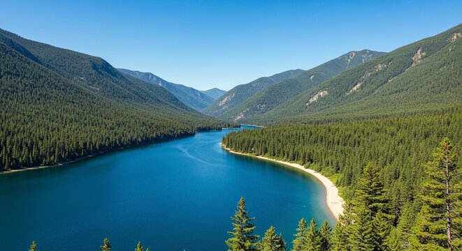 Aerial view of a scenic lake surrounded by green mountains under a clear blue sky, showcasing a beautiful natural landscape. - Powered by Adobe