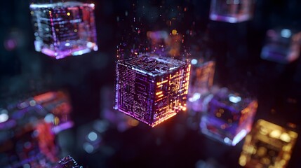 Abstract floating technology cubes with circuits and glowing lights, representing data and AI