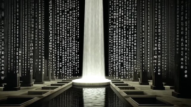 A digital waterfall cascades into a reflective pool, flanked by pillars etched with alphanumeric characters, creating a futuristic, serene atmosphere