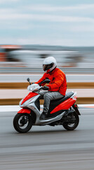 Fototapeta premium Male on red and white scooter riding on a city road