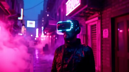 Virtual reality VR theme concept. A cyberpunkthemed digital artwork featuring a man wearing a virtual reality headset amidst a neonlit urban setting.