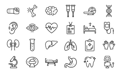 "Medical Healthcare Outline Icons Set Hospital Equipment, Anatomy, Surgery, First Aid, Doctor Tools, Pharmacy, Emergency, Laboratory, and Patient Care Vector Pack"