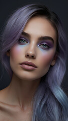 Obraz premium Stunning woman with vibrant makeup and pastel hair, radiating beauty and confidence