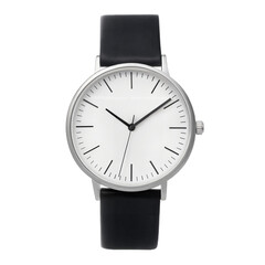 A luxurious steel men's wristwatch with a black dial and silver numbers is held in a hand against a white background