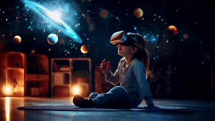 Virtual reality VR theme concept. girl in virtual reality headset immersed in spacethemed room with floating planets and cosmic backdrop.