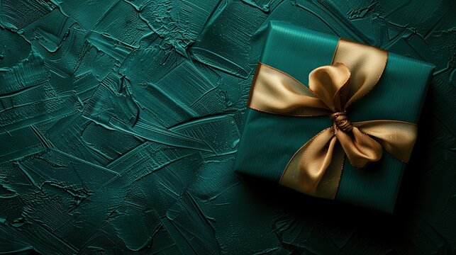 Photorealistic top-down shot on a deep emerald textured embossed background, perfectly wrapped Christmas gift placed on the right side, wrapped in emerald green paper and tied with a golden silk ribbo