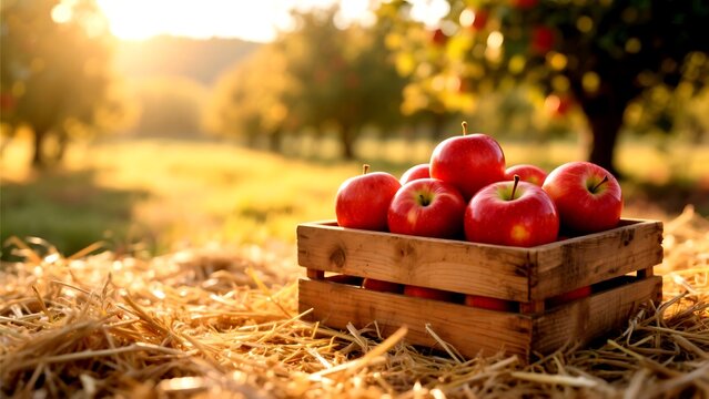 Freshly harvested red apples in a wooden crate in the orchard during autumn