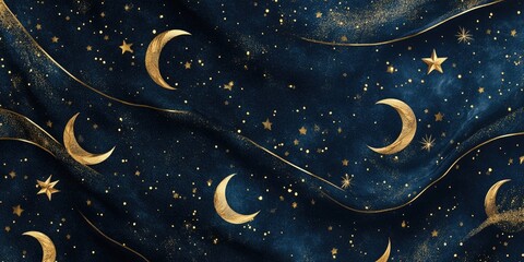 The background is dark blue, with golden crescent moon patterns and stars scattered across it.