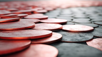 Close-up view of copper and grey circles on textured surface
