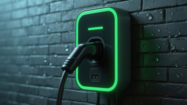 EV Charging Interface with Green Glow on Dark Brick Wall