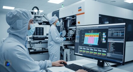 Engineers use computer interface to program photolithography steps ensuring accurate layer deposition on microchip wafers inside fab.