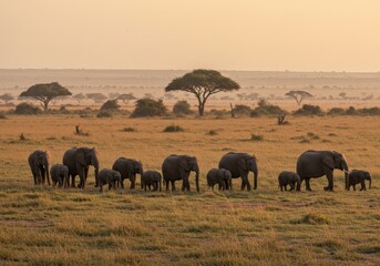 Fototapeta premium A large African elephant roaming freely in the Serengeti savannah, golden dry grassland with scattered acacia trees, distant hills, clear blue sky with soft clouds, realistic wildlife photography, hig