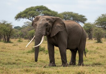 Obraz premium A large African elephant roaming freely in the Serengeti savannah, golden dry grassland with scattered acacia trees, distant hills, clear blue sky with soft clouds, realistic wildlife photography, hig