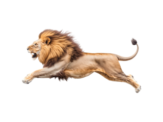 A lion leaping in a dynamic side profile