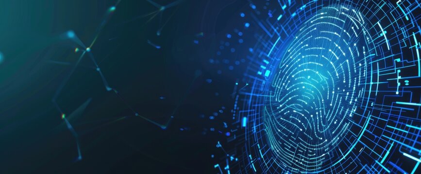 F/embed digital fingerprint, biometric security technology background vector banner with blue color theme and black background