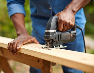 Precision cutting an eco-friendly home project shaping with hand saw with care outdoors